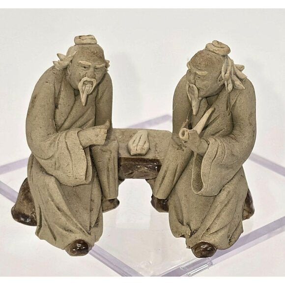 Vintage Chinese Mudman Figurine Pair Sitting on Bench Smoking Pipe je155 - Picture 10 of 12